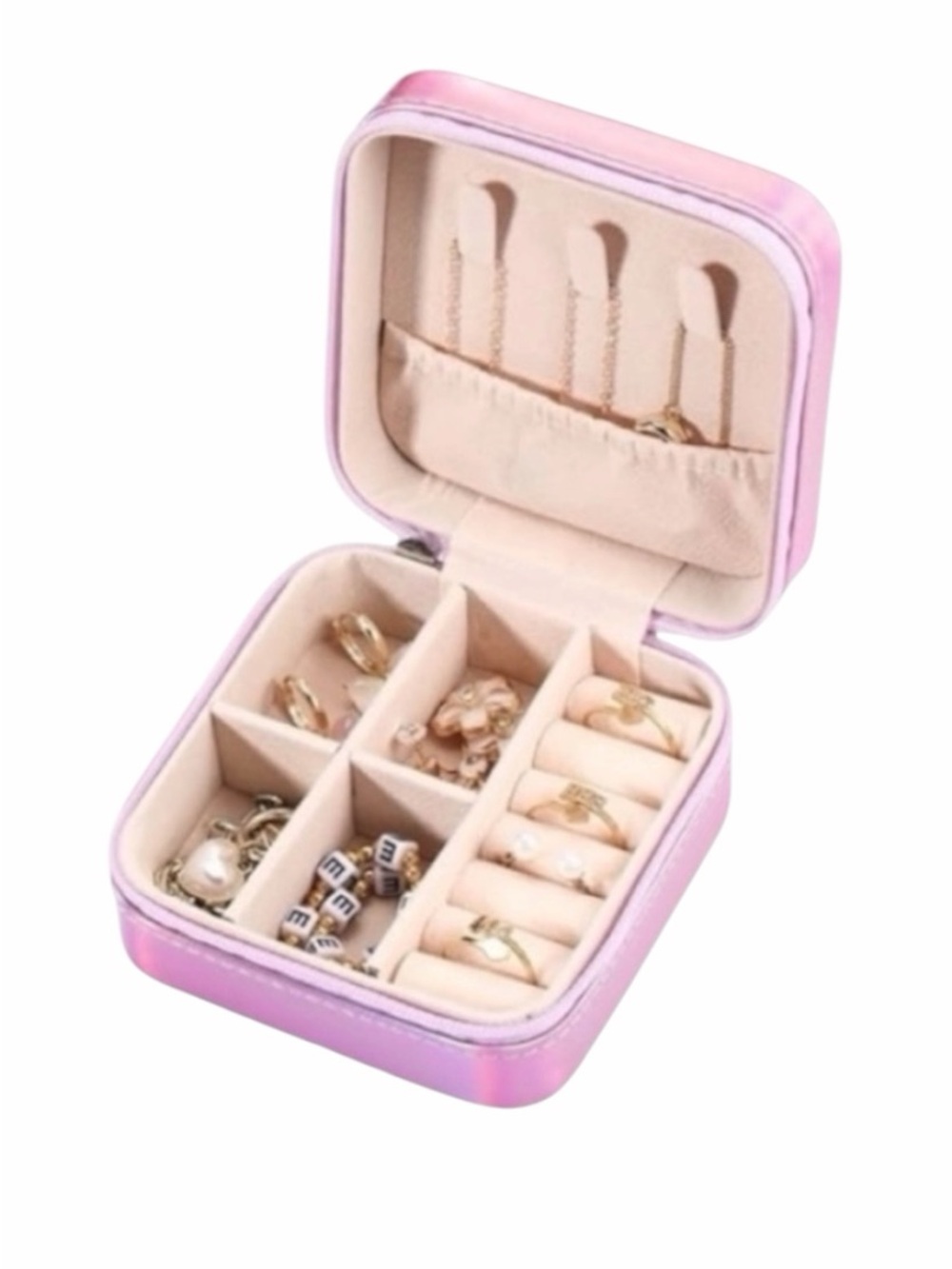 Travel Jewelry Case In Holographic Pink Faux Leather New